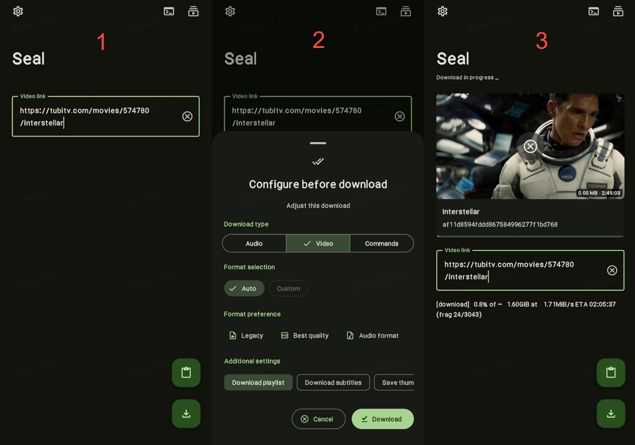 Seal Android app workflow for saving unprotected Tubi titles to MP4 in 2026
