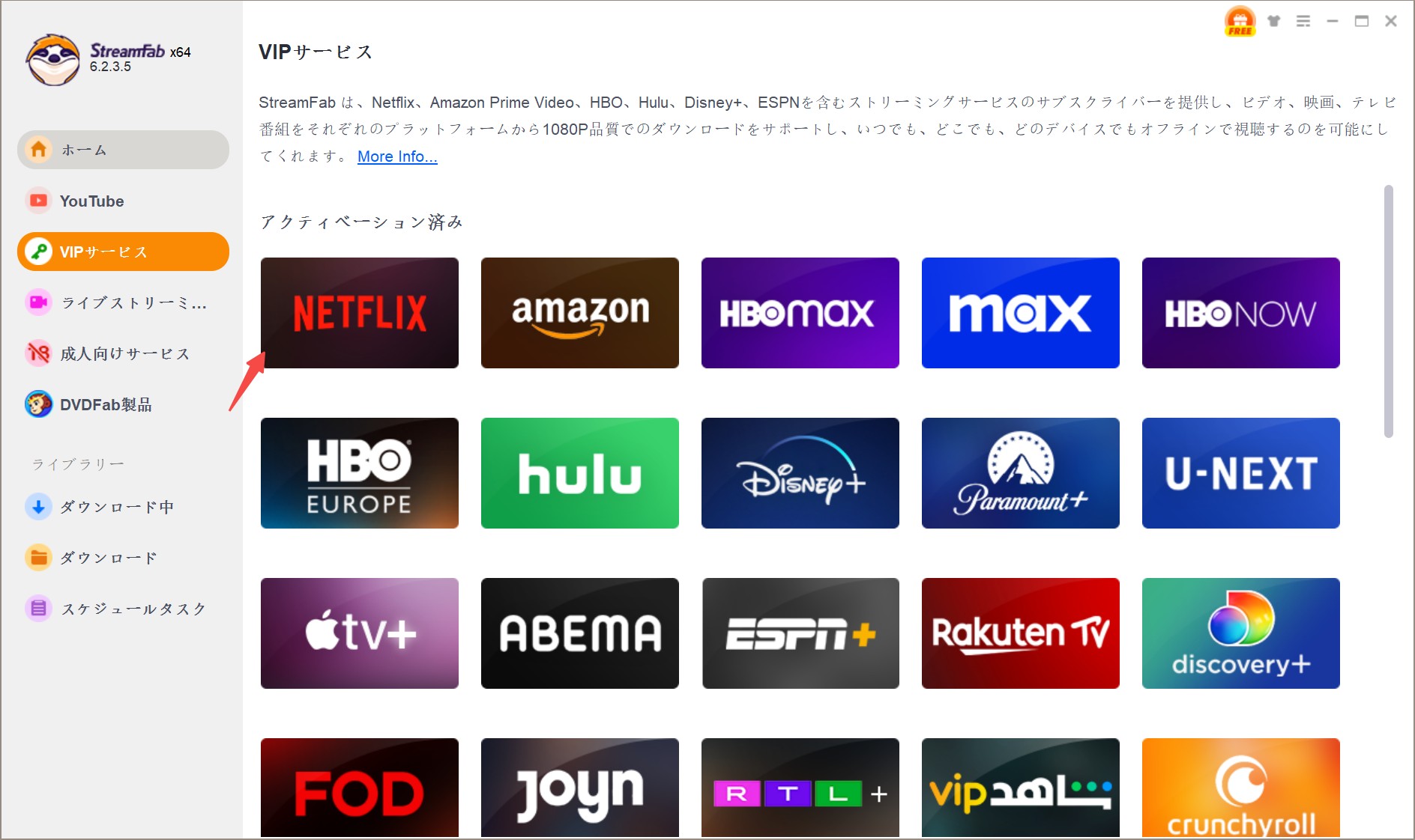 StreamFab Netflix ダウンローダーのVIPサービス選択画面