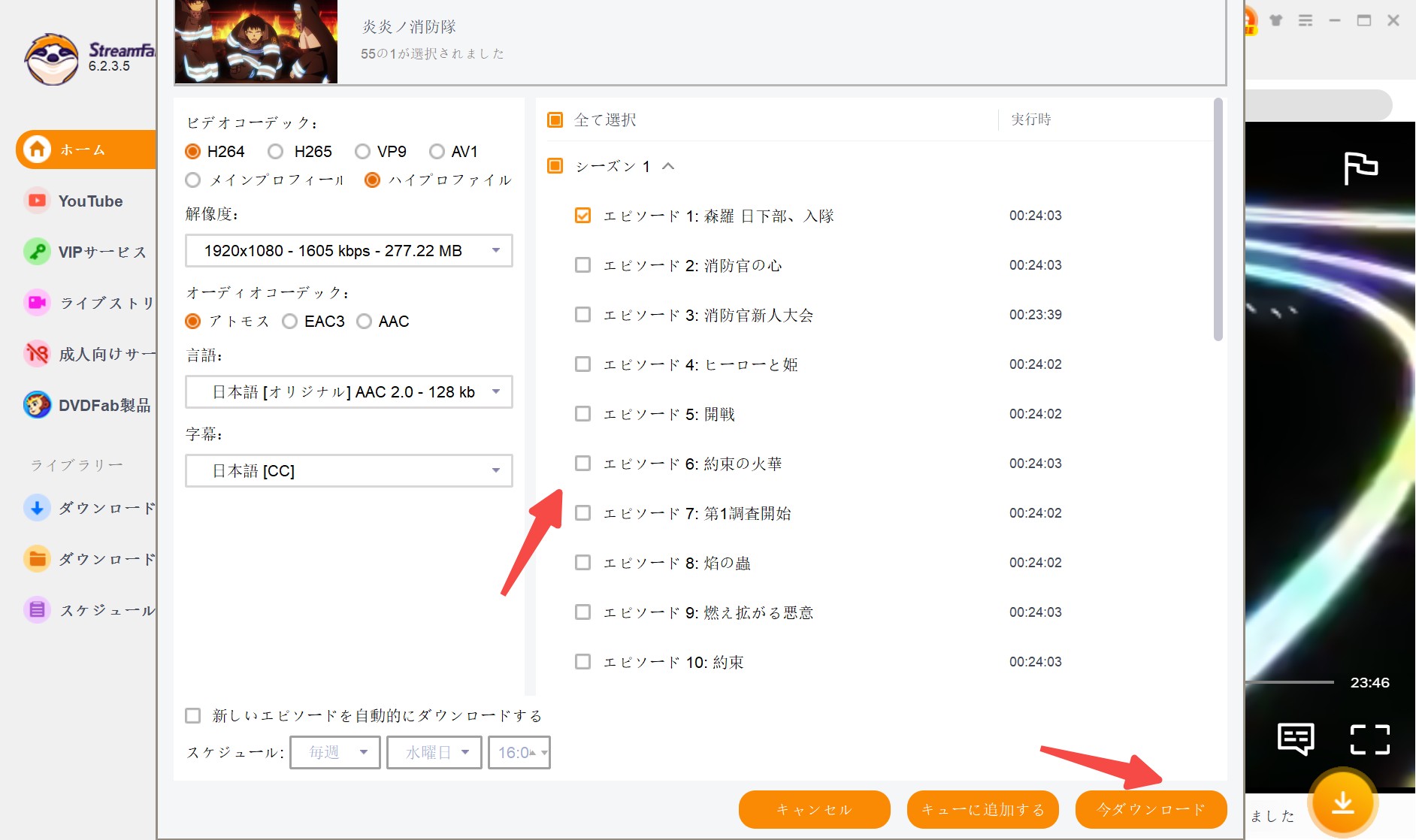 StreamFab Netflix ダウンローダーの画質と字幕設定画面