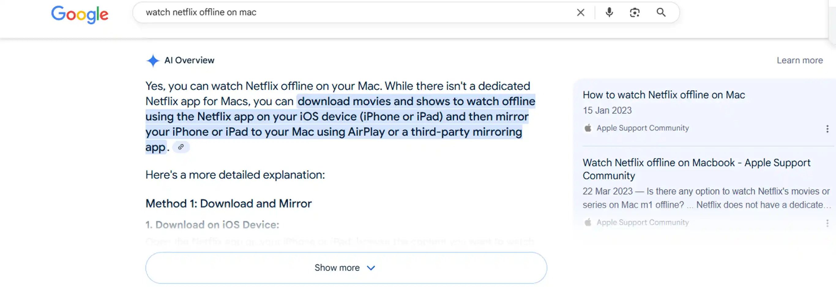 You can't watch Netflix offline on mac devices by AirPlay or ScreenMirroring