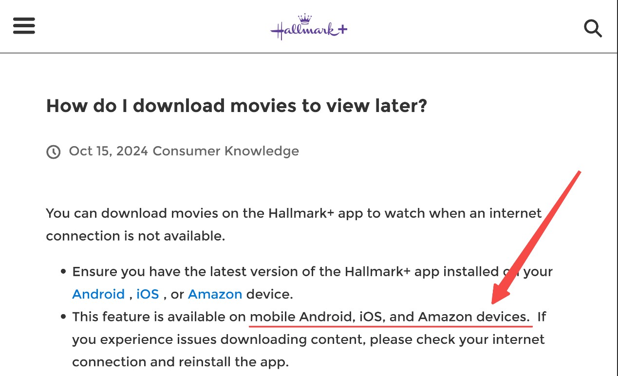 How do you download Hallmark Movies Now/Hallmark+ videos?