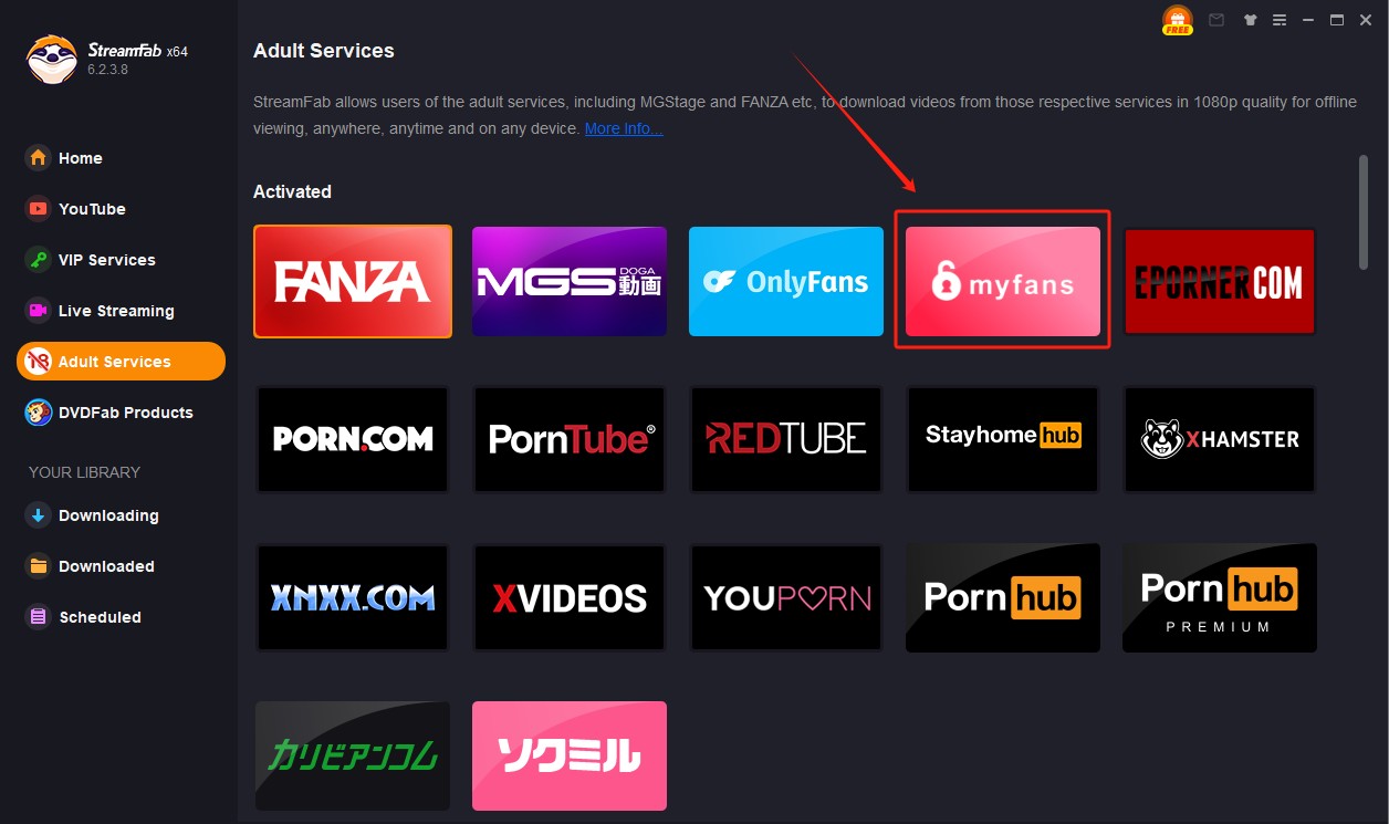 StreamFab MyFans Downloader home screen: locate the MyFans entry to begin downloading