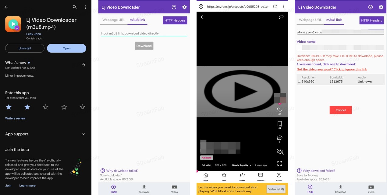 Step-by-step walkthrough for downloading a free MyFans clip on Android with Lj Video Downloader