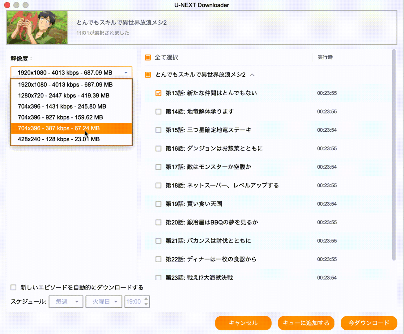 StreamFabでU-NEXTの画質と音声と字幕を選ぶ設定画面