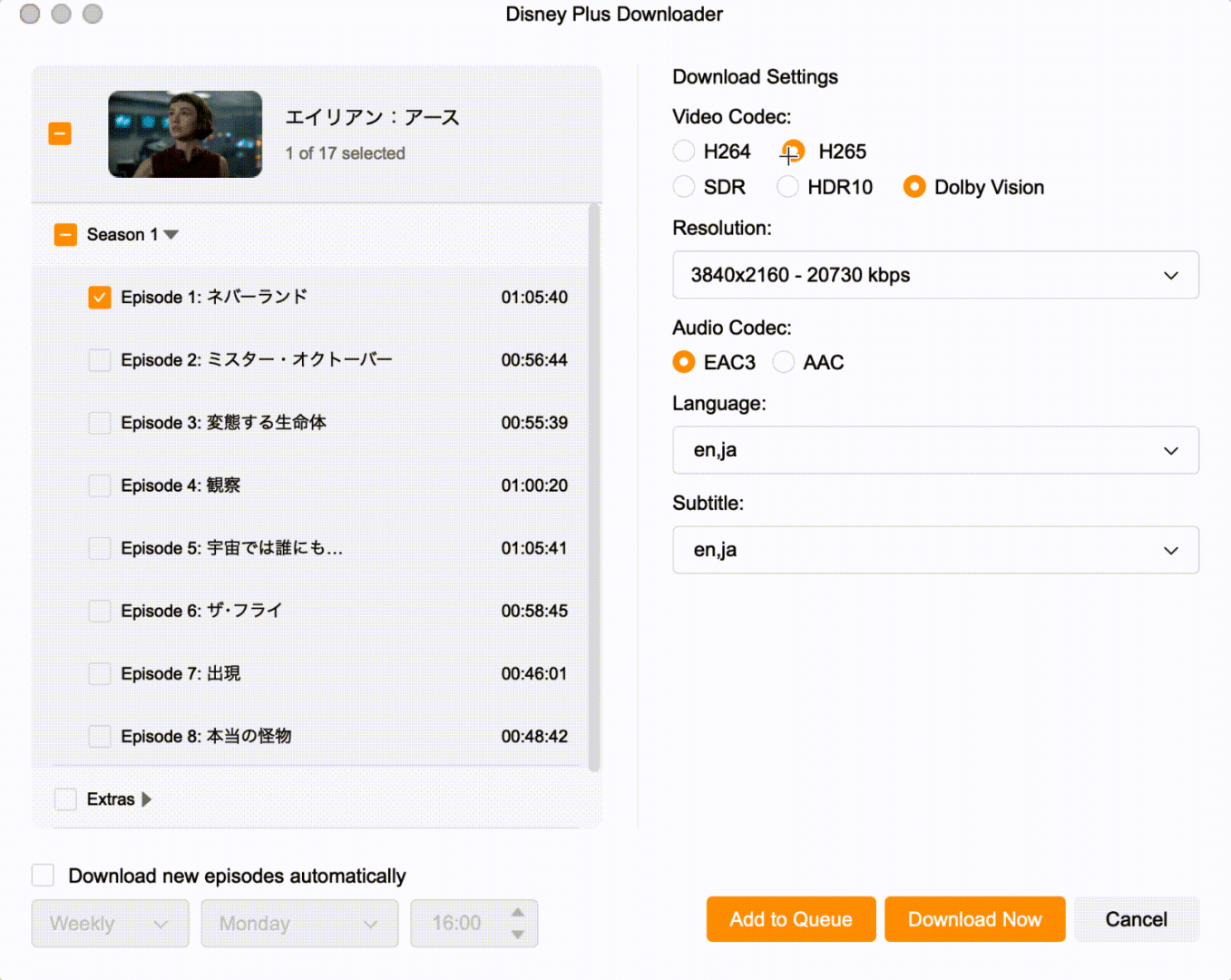 画質・字幕・音声を設定して「ダウンロード」をクリックする