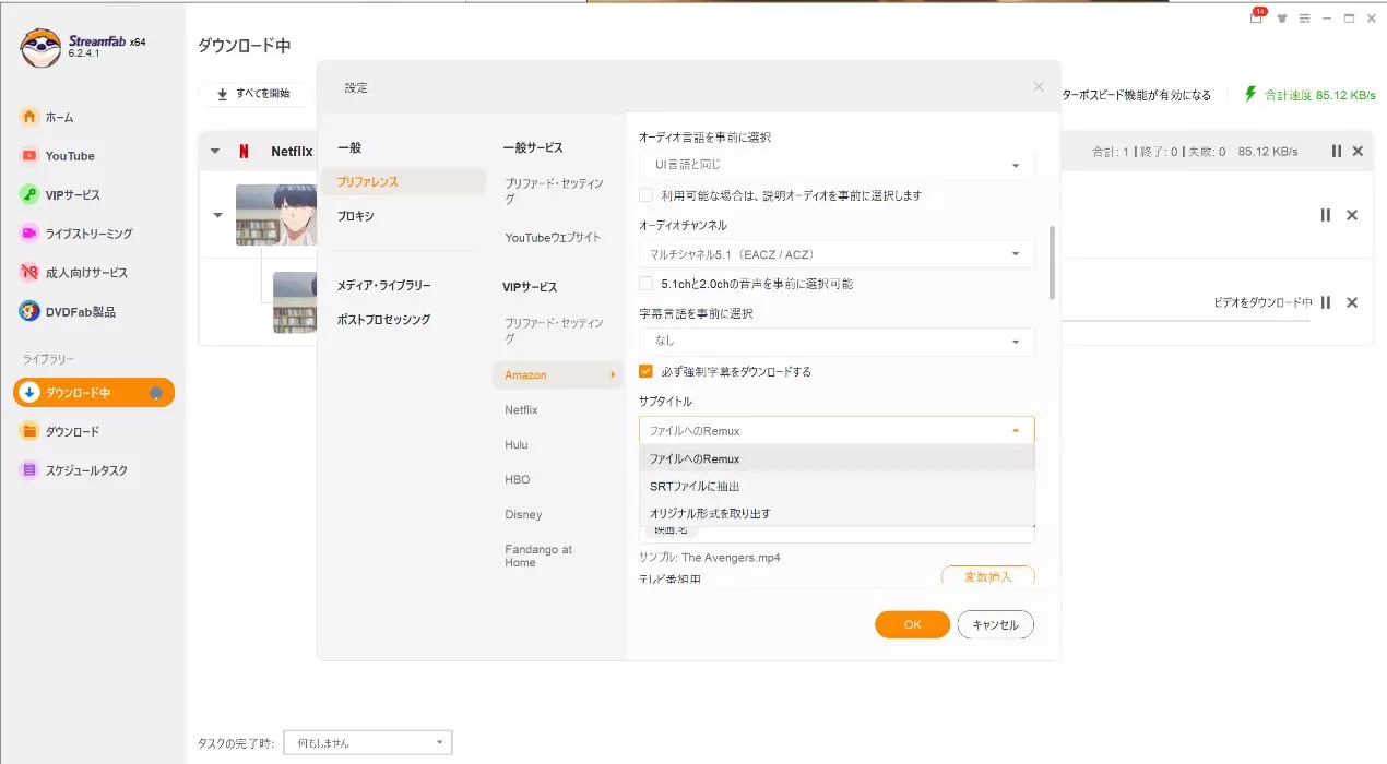 StreamFabでSRTと動画内字幕トラックを選ぶ設定画面例