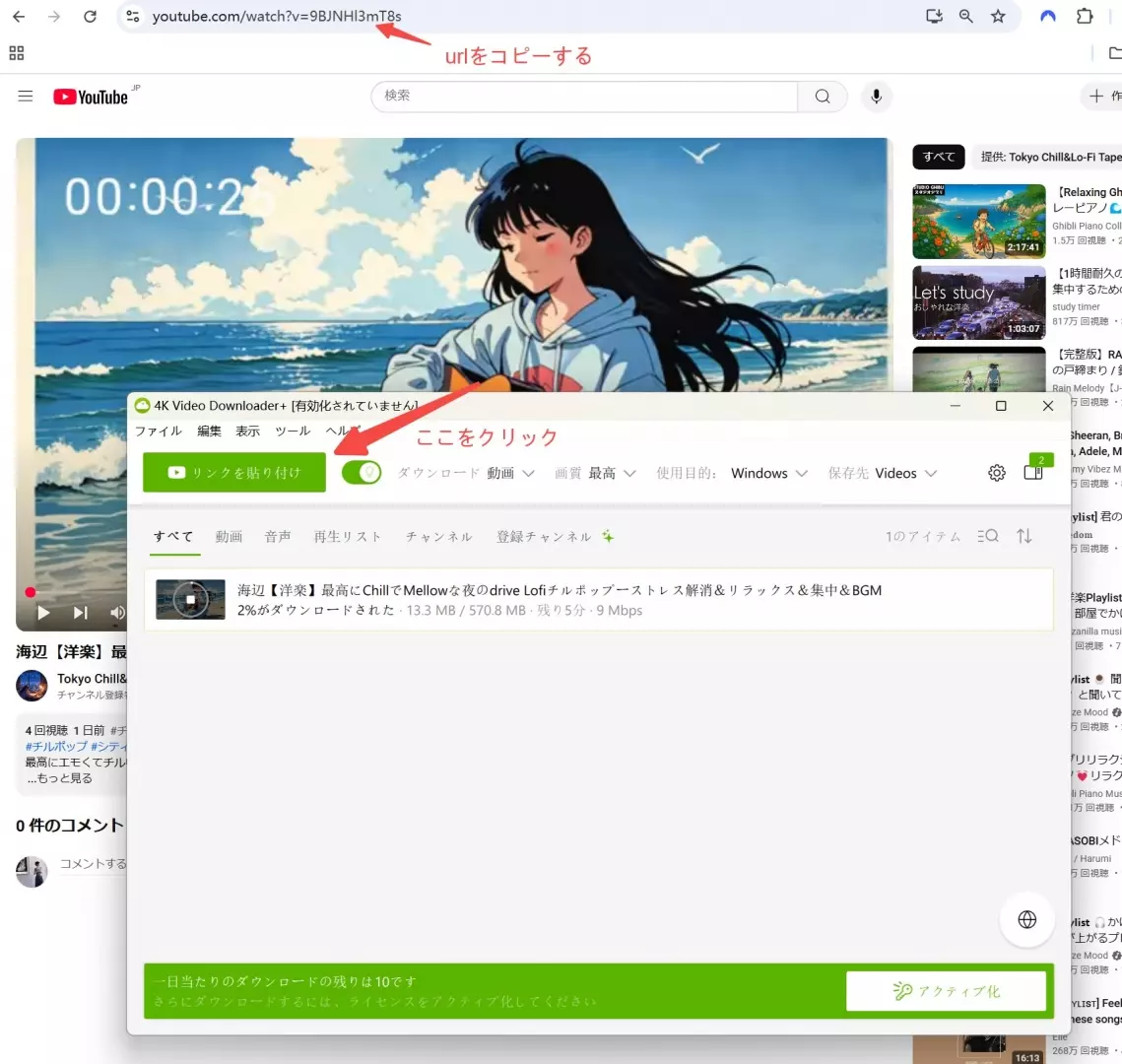 4K Video Downloader PlusでURL解析から保存条件を選ぶ操作画面