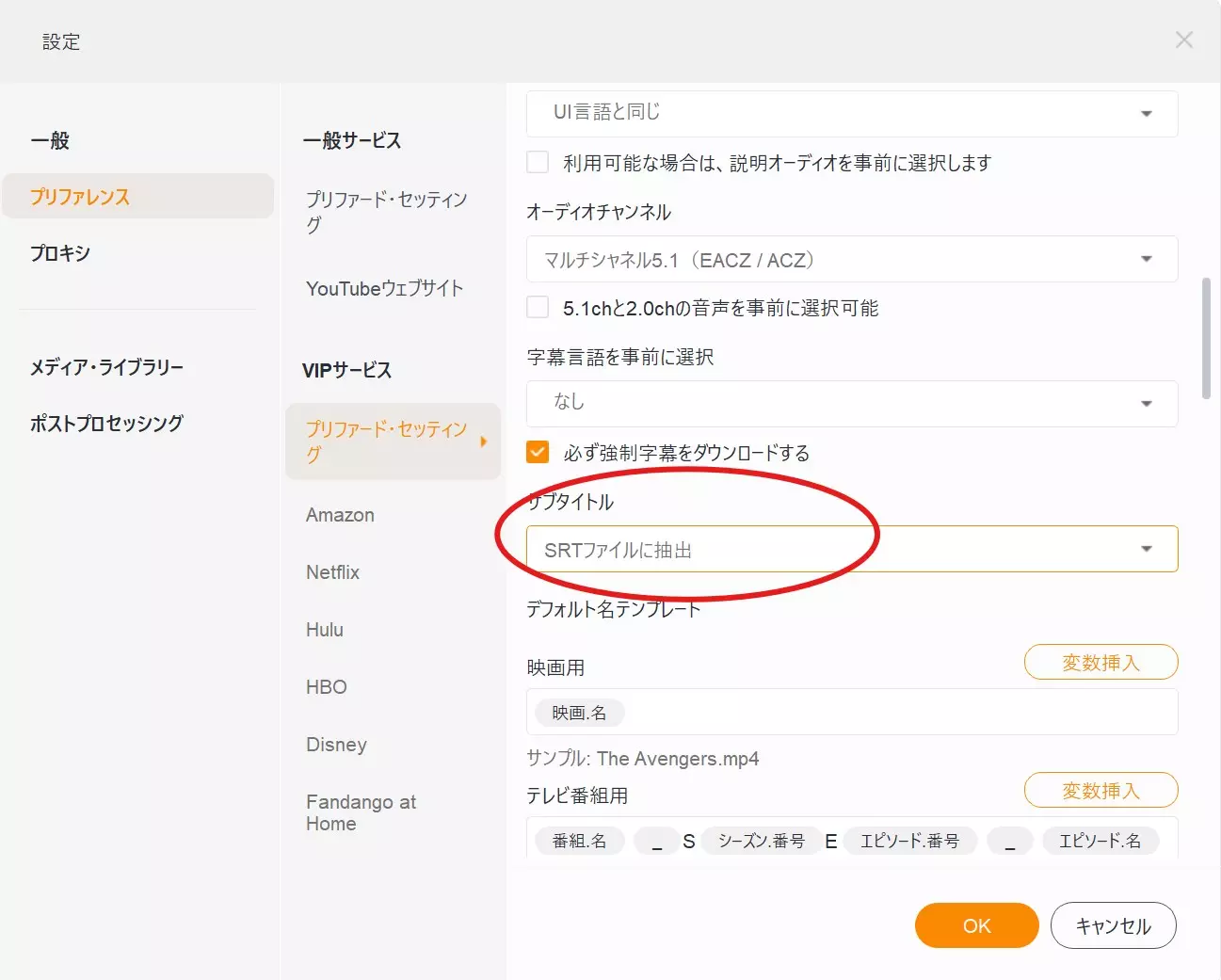 StreamFabで外部SRTの保存方式を選ぶ画面例