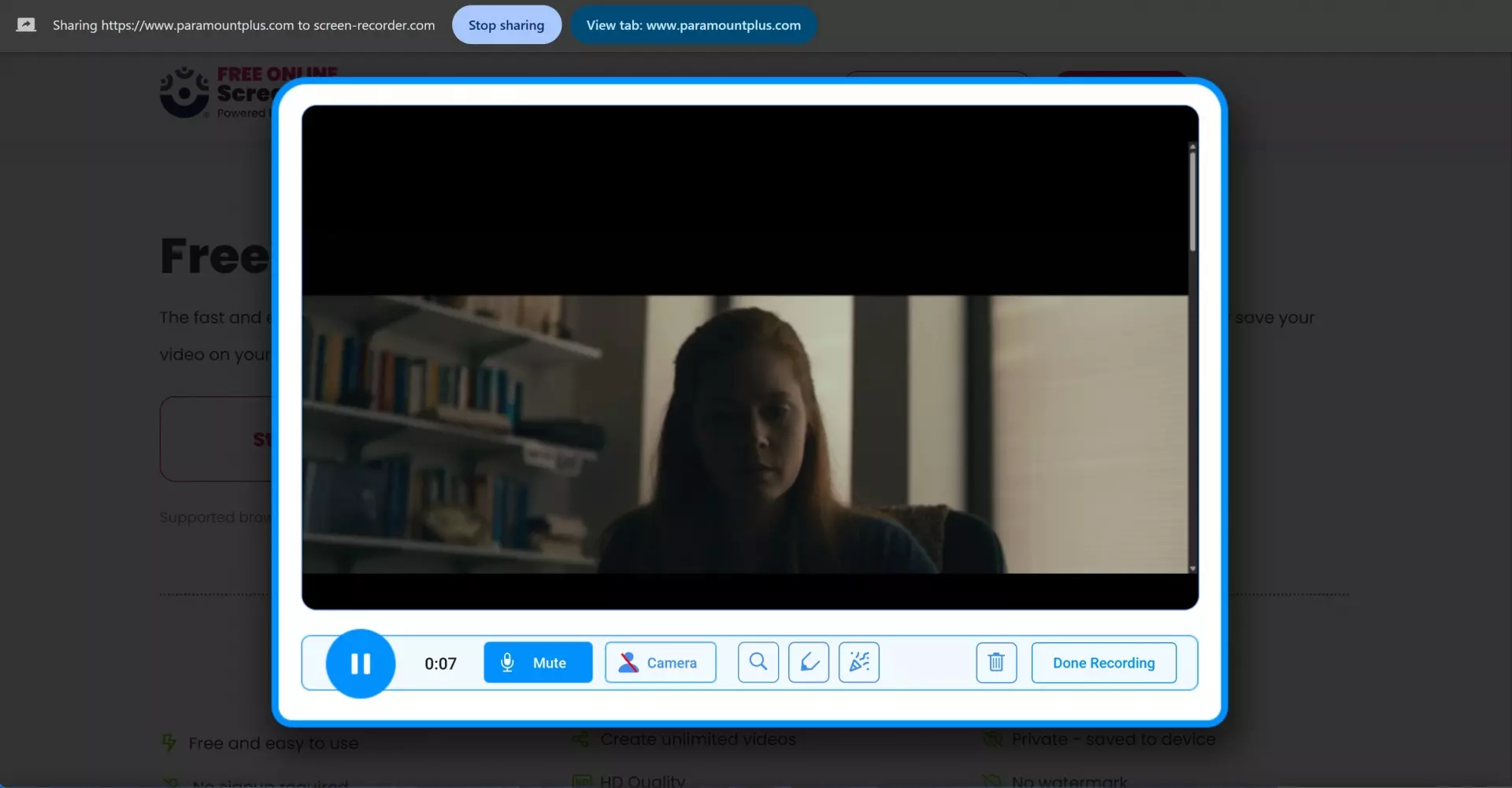 ScreenPal red record control starting a Paramount+ browser capture