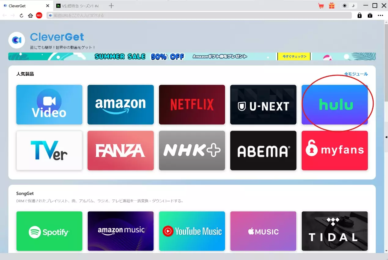 CleverGetでHuluコンテンツ情報を取得する画面