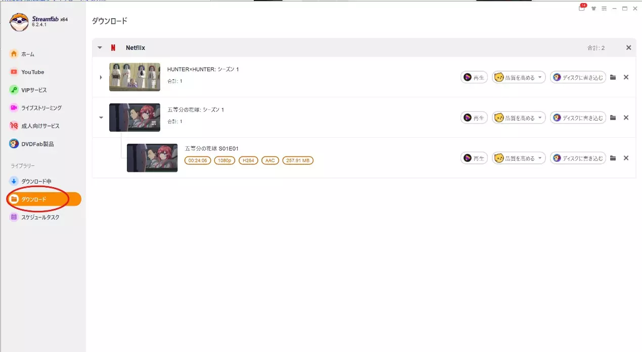 StreamFabで字幕付き動画の保存結果を確認する画面例