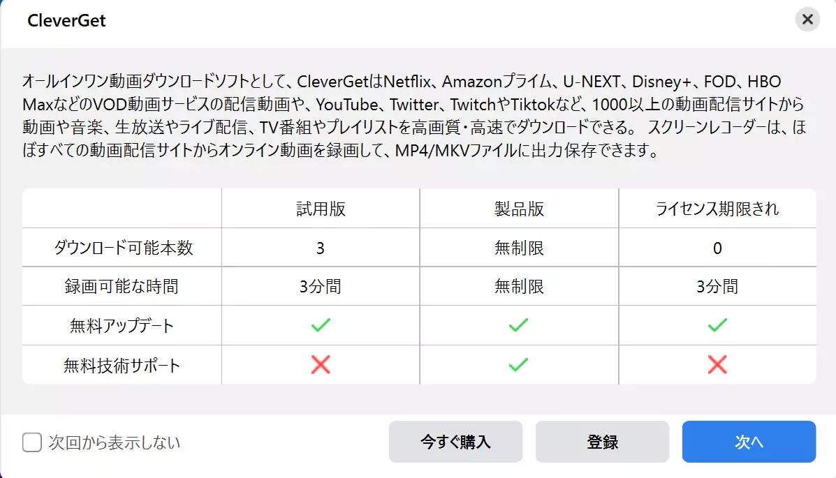 CleverGetの無料体験と製品版の機能比較
