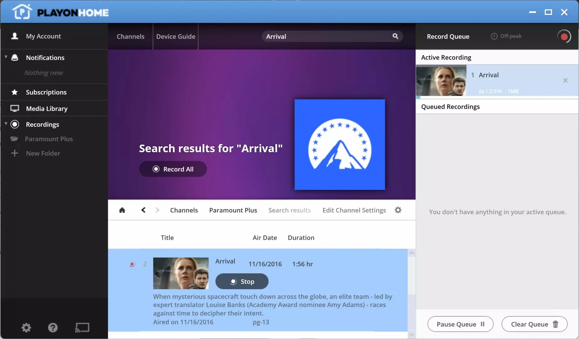 PlayOn Home record button and task sidebar while saving a Paramount+ show