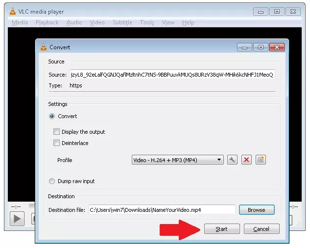 VLC Player network-stream window for saving an M3U8 video as MP4