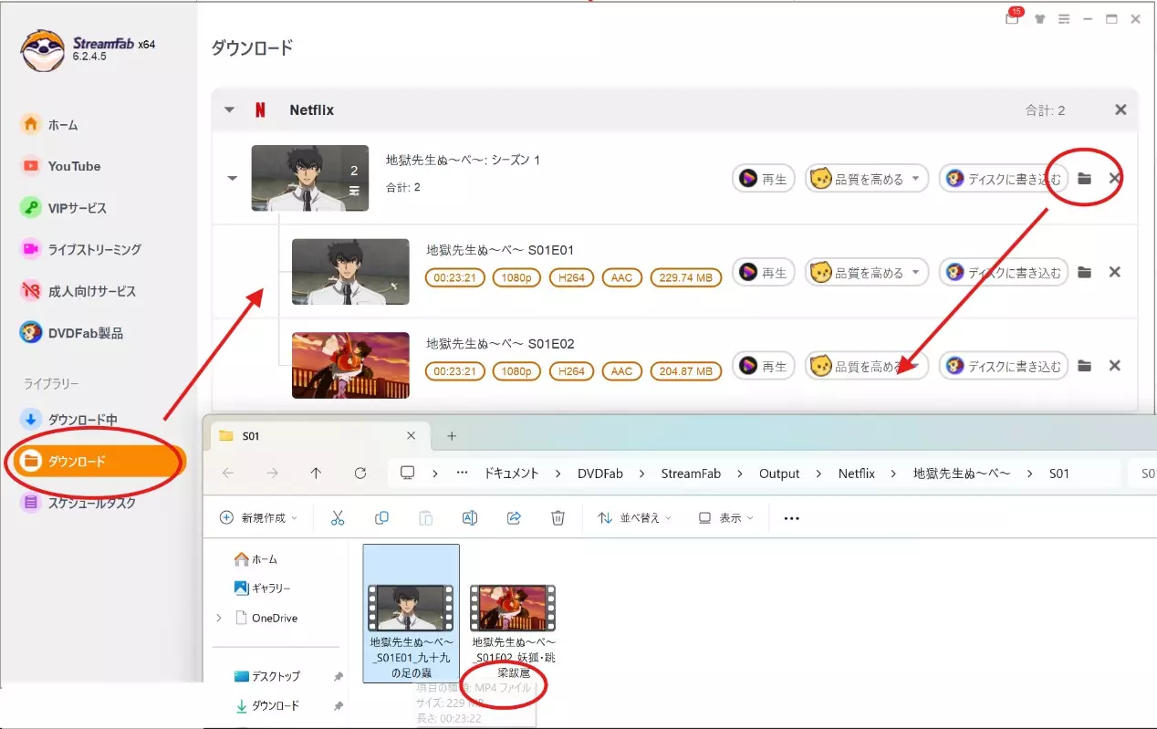 StreamFabで保存したNetflix動画をファイル管理で確認する画面
