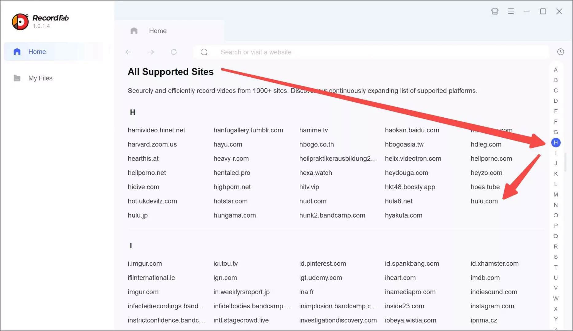 RecordFab step 1 screen showing how to open Hulu from its All Supported Sites list