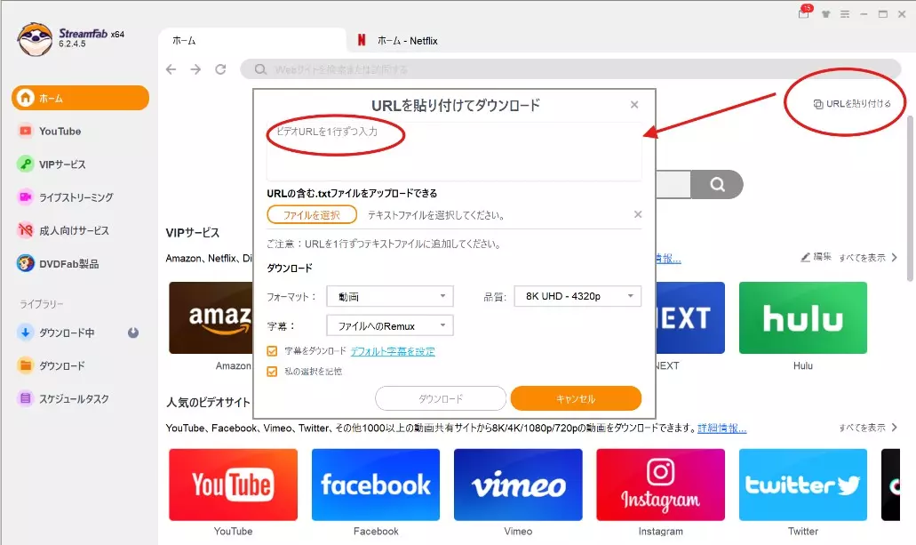 StreamFabで動画URLを追加する操作画面