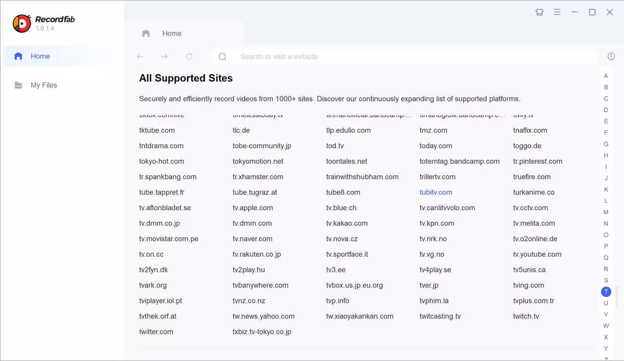 Open Tubi TV inside RecordFab's supported sites list — step 1