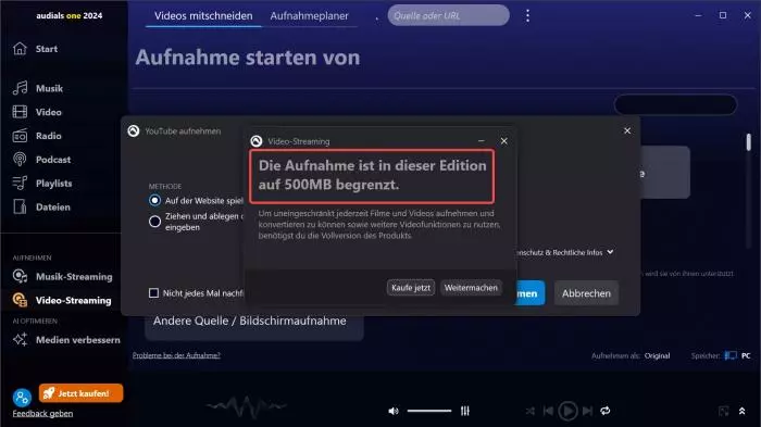 Limits der kostenlosen Audials-Testversion