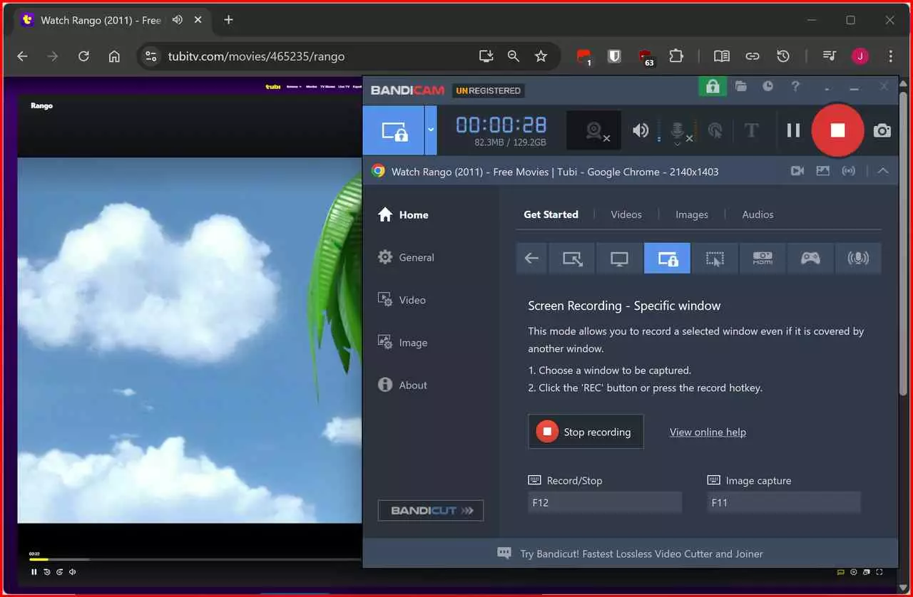 Start REC in Bandicam and locate the Tubi recording output — step 3