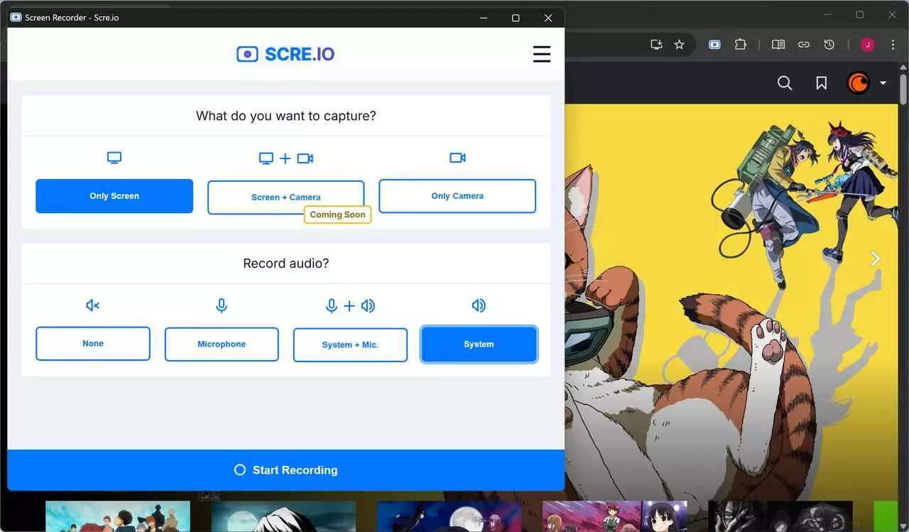Selecting system audio in Scre.io
