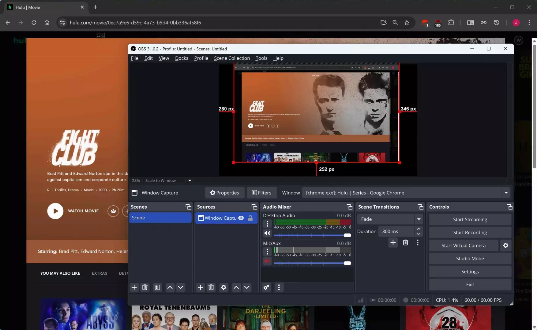 OBS Studio start recording controls set up to capture Hulu on-demand videos