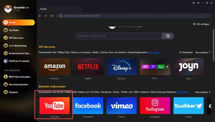 StreamFab Startseite mit YouTube-Kachel öffnen