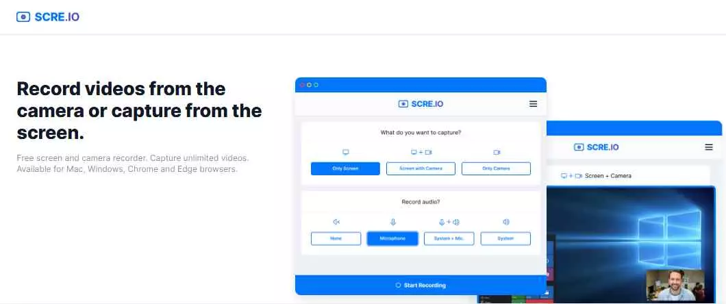 Scre.io browser extension controls for a basic screen recording attempt