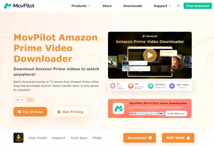MovPilot Amazon Video Downloader interface on Windows showing Prime Video title search