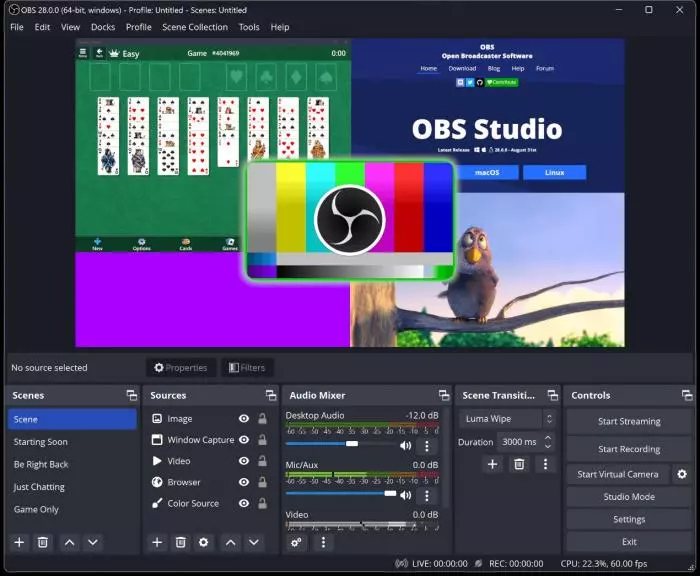 OBS Studio open broadcaster software interface used for Amazon Prime Video screen recording attempts