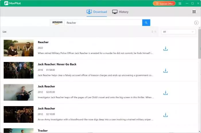 MovPilot Amazon login and search screen for Prime Video title selection