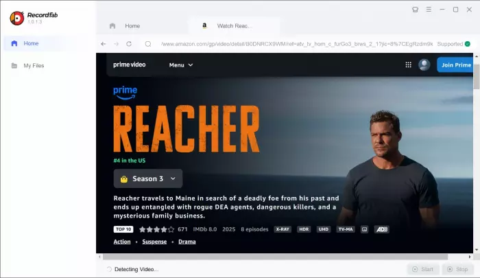 RecordFab recording settings panel for Amazon Prime Video resolution and audio selection