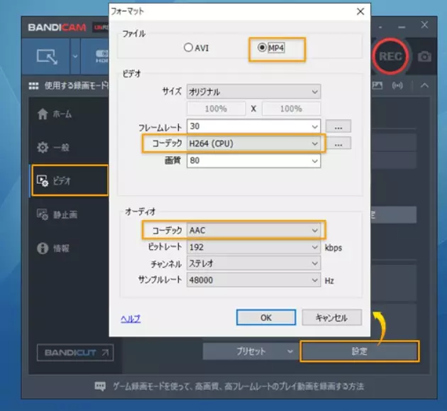 Bandicam 映像設定でフレームレートと音声形式を確認する画面