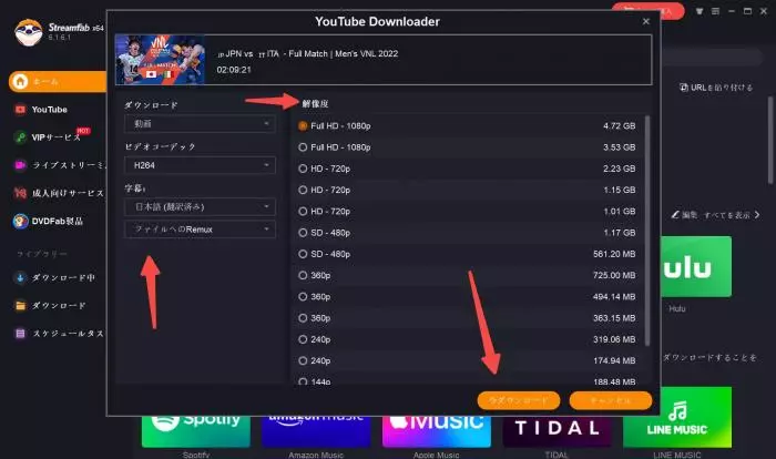 StreamFab All-In-Oneで画質と字幕を設定する画面