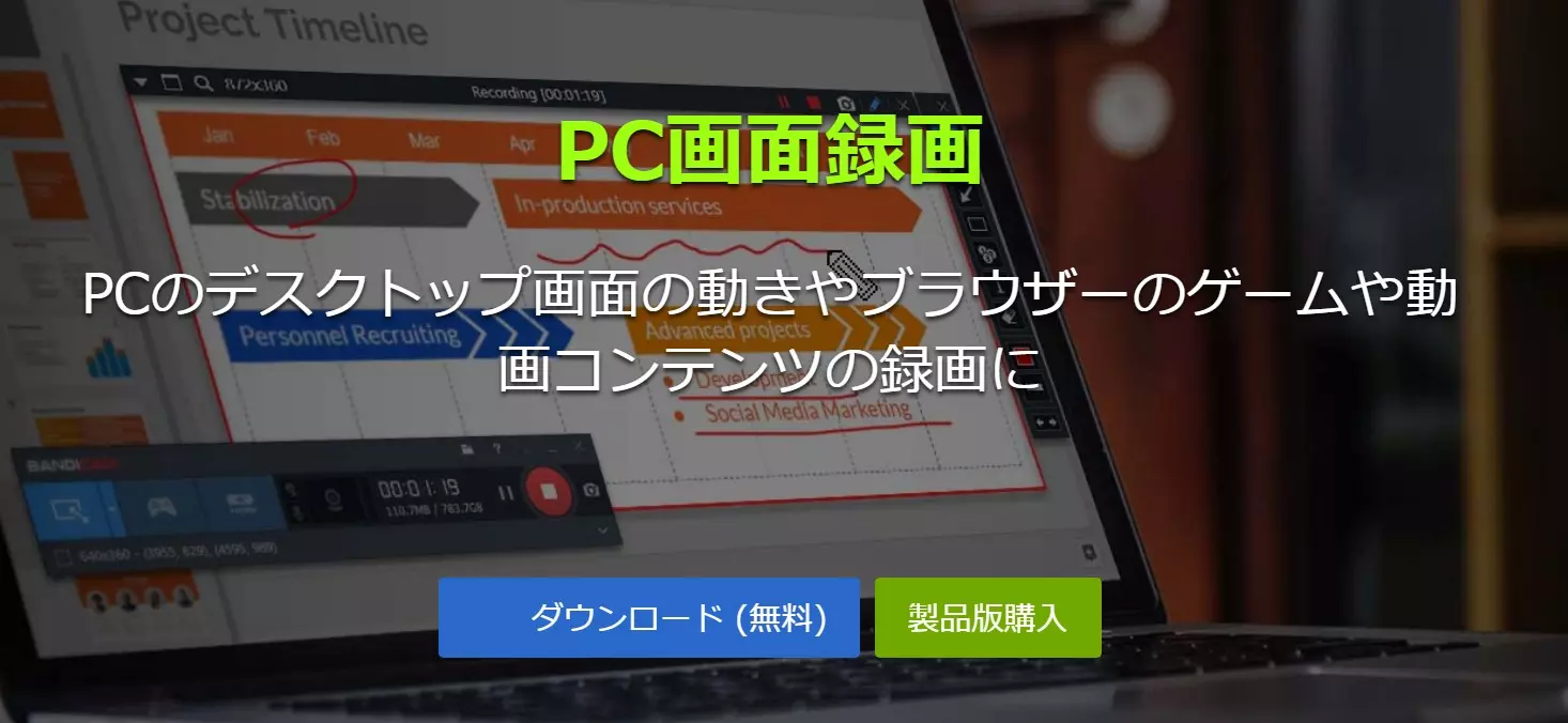 Bandicamで画面録画範囲と音声を設定する画面