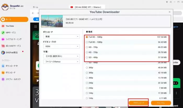 StreamFabで動画の形式と画質を選択する画面