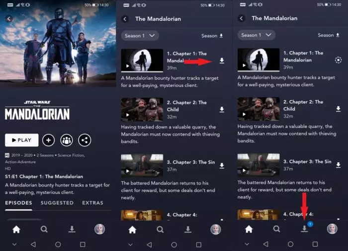 Disney+ 官方 App 在手機平板詳細資料頁的下載按鈕位置示意
