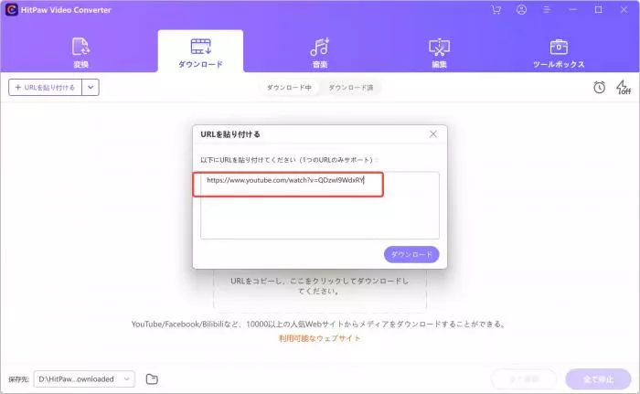 HitPaw UnivdにYouTubeのURLを入力する画面