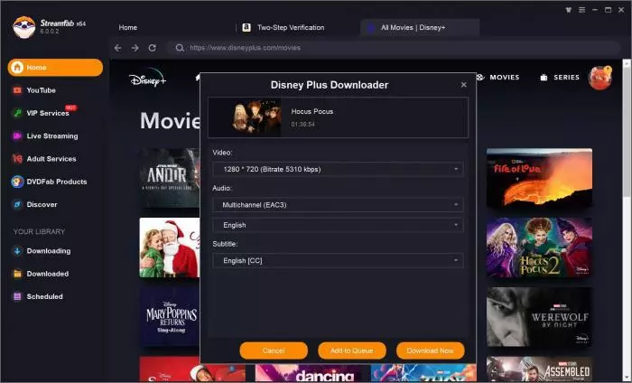 StreamFab Disney Plus 下載彈窗選擇畫質、音軌與字幕的操作示範
