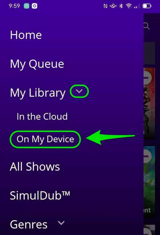 Legacy Funimation Now My Library On My Device screen with downloaded episodes listed