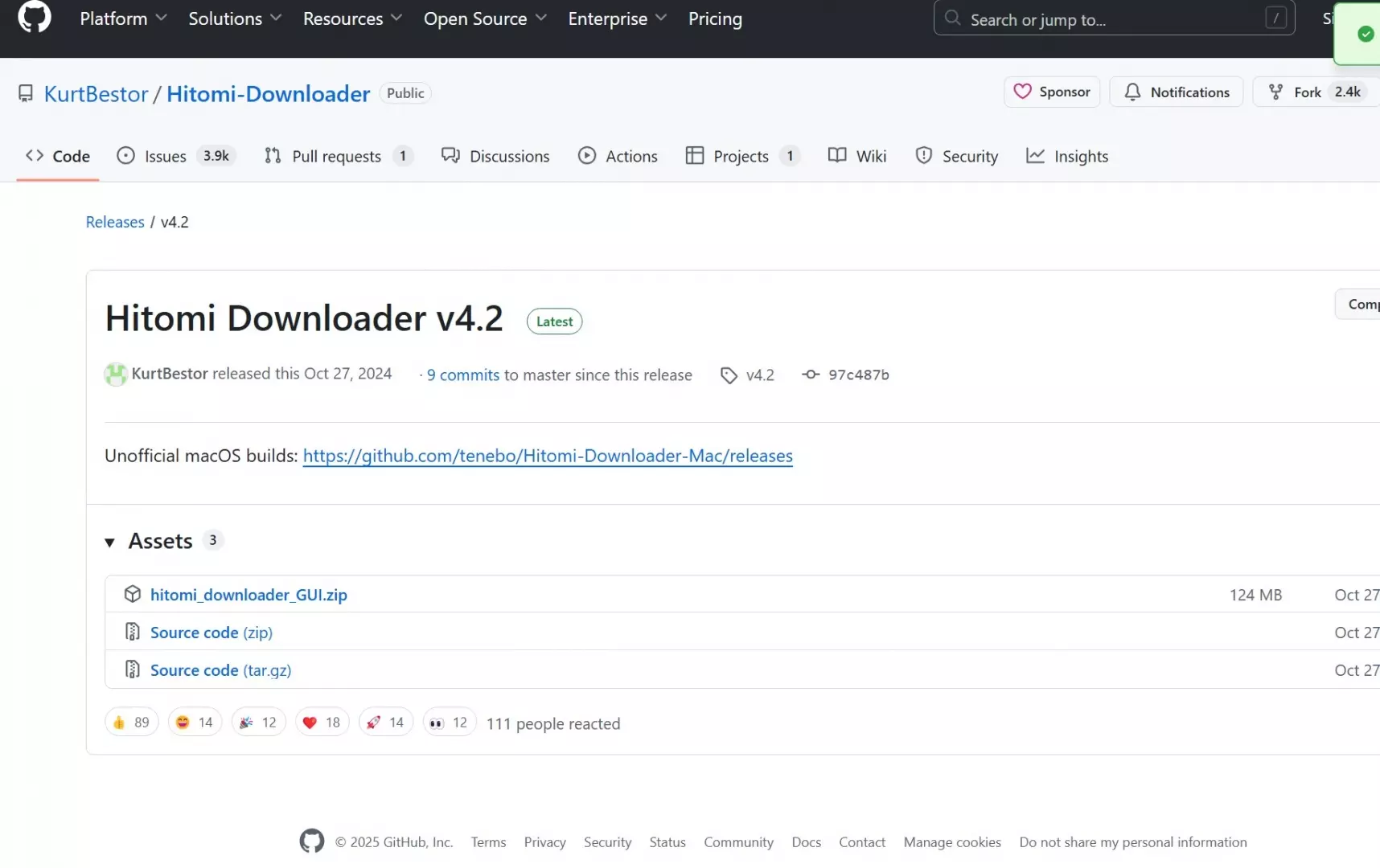 Hitomi Downloader旧4.2版の配布画面で入手元を確認する参考画像