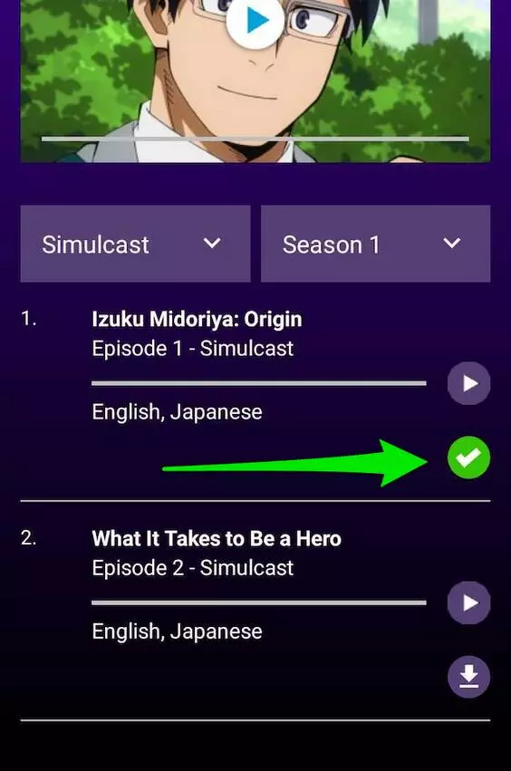 Legacy Funimation Now app showing download progress for an anime episode