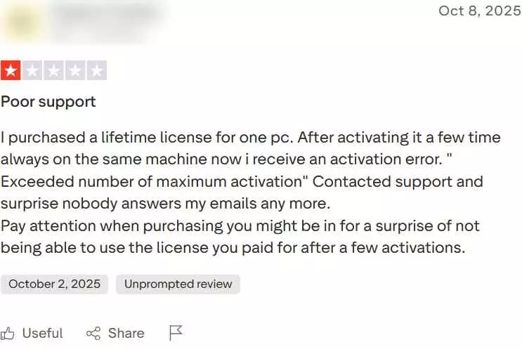 a 1 star review of itubego youtube downloader about poor support