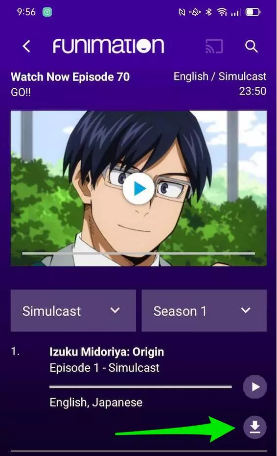 Legacy Funimation Now app showing the download button placement on the episode page