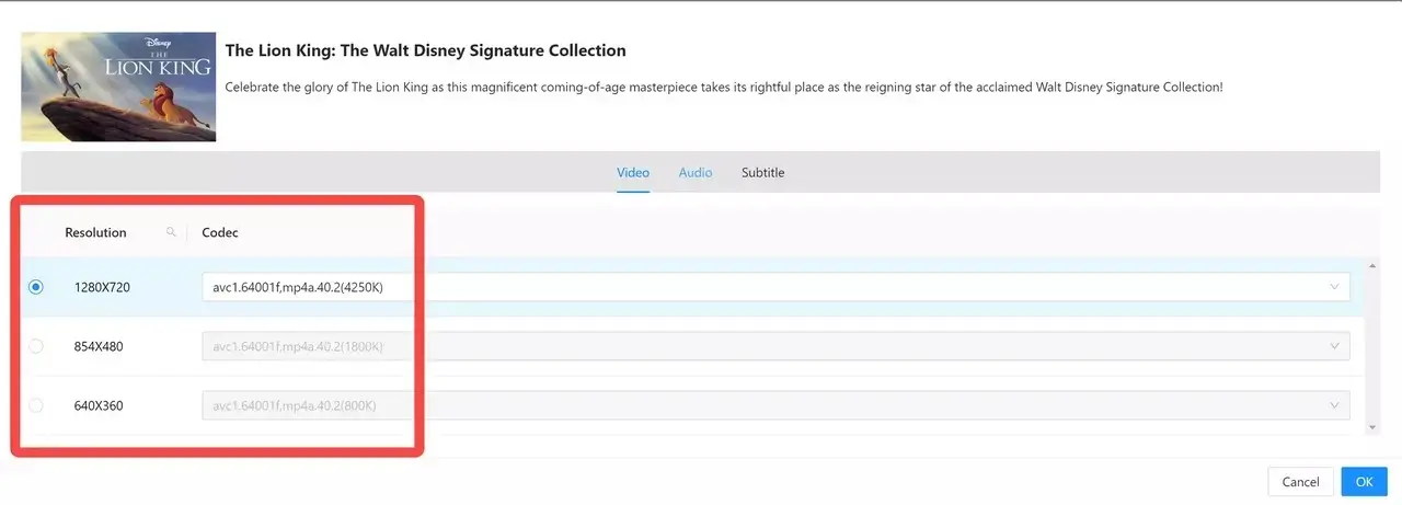 Movpilot 選擇畫質與字幕的 Disney+ Mac 下載設定畫面