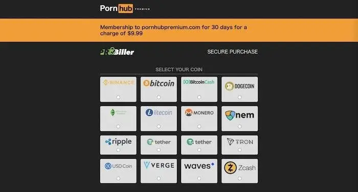 Pornhub Premium Kryptowährungs-Zahlung: Auswahl der aktuell akzeptierten Coins