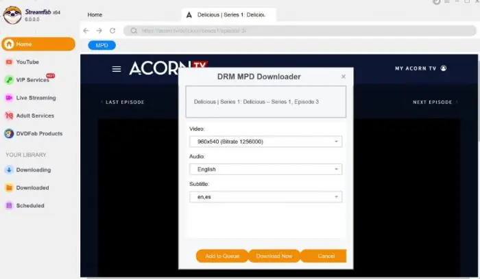 StreamFab DRM MPD Downloader 內建瀏覽器貼上串流網址的操作畫面
