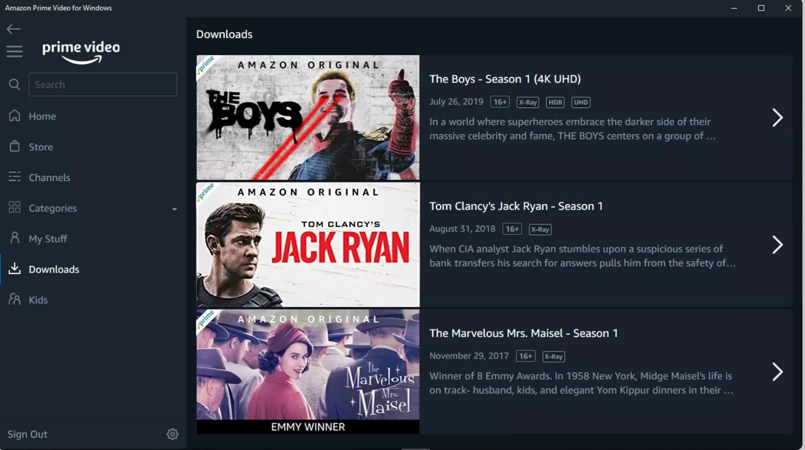 Prime Video Windowsアプリのオフライン保存画面