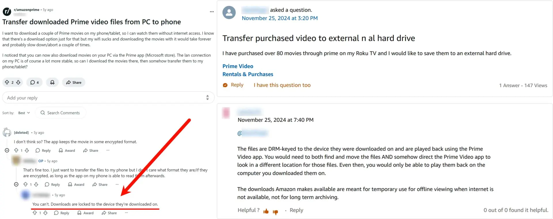Prime Video app-managed download showing the portable-file transfer limitation