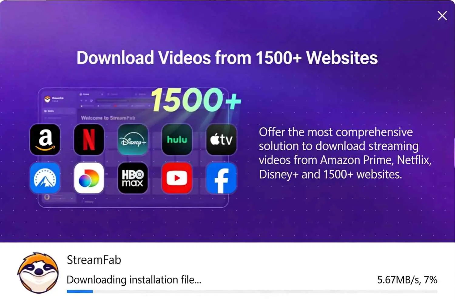 StreamFab 7 récupérant les composants pendant l’installation en ligne